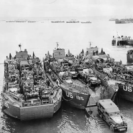 Infantry boarding LSTs at Portland Harbour